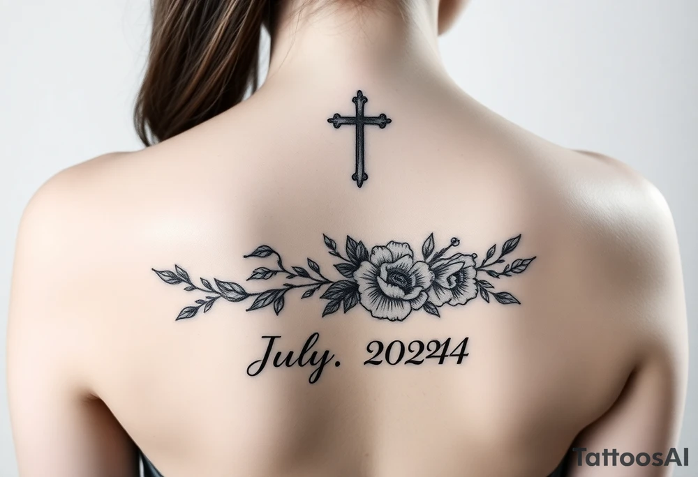 Christian baptism tattoo with the date 14th of July 2024, also add a floral band design on the arm tattoo idea