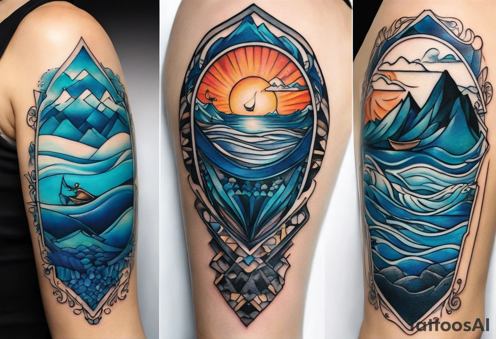 This is a minimalistic tattoo split into 2 distinct sections; a top half and a bottom half. The top half is a mountain in Norway with a windy mountain bike trail wrapping around the mountain. The bottom half of the tattoo depicts an underwater ocean scene, featuring blue water and sea life including a manta ray and sea turtle. tattoo idea