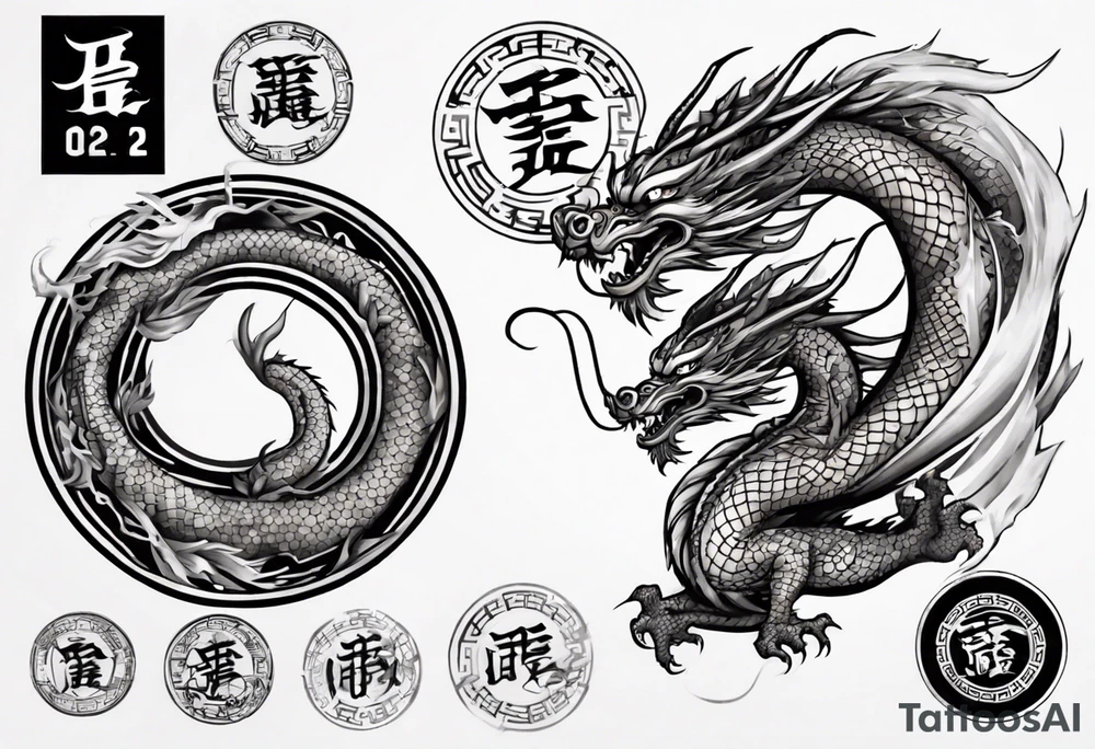 Chinese dragon in a circular shape with "02.03" written on its skin tattoo idea