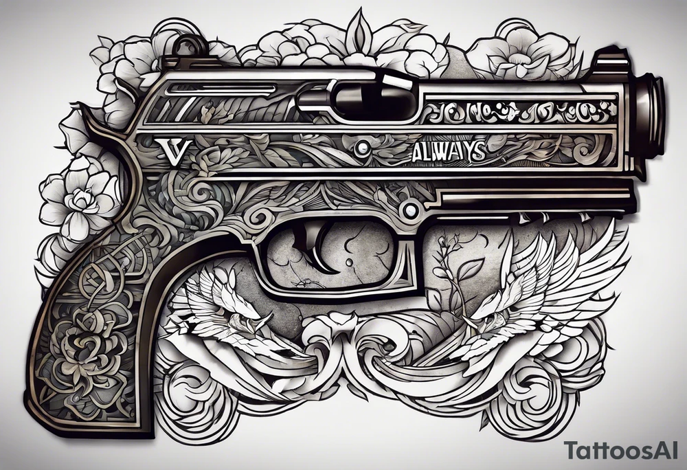 The letters AR with a pistol on each side and the word always on the top and ready on the bottom tattoo idea