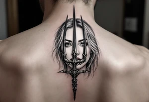 gentle woman face behind trident tattoo idea