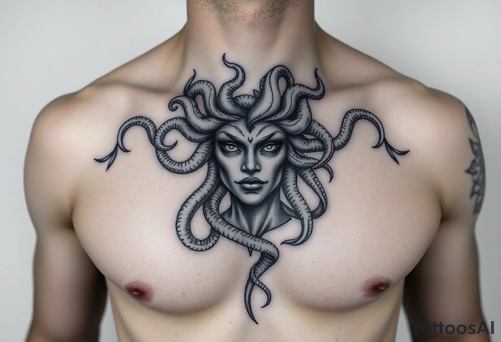 A Beautiful feminine sexy Medusa chest peice Black and white with shading, realistic tattoo idea