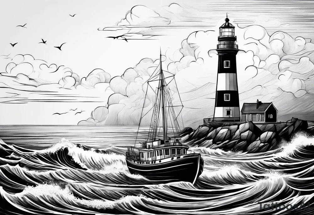 phare maritime dans un bateau a voiles vu du devant. tattoo idea
