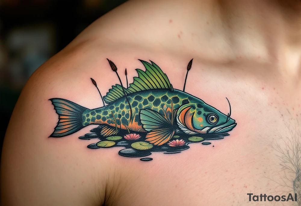 Swamp Guardian Catfish – A dark mossy green and mud-brown catfish resting beneath lily pads and cattails, evoking deep Southern waters. tattoo idea