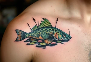 Swamp Guardian Catfish – A dark mossy green and mud-brown catfish resting beneath lily pads and cattails, evoking deep Southern waters. tattoo idea