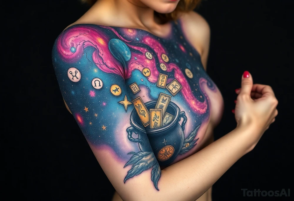Milky way galaxy filled with zodiac symbols runes tarot cards coming out of a cauldron tattoo idea