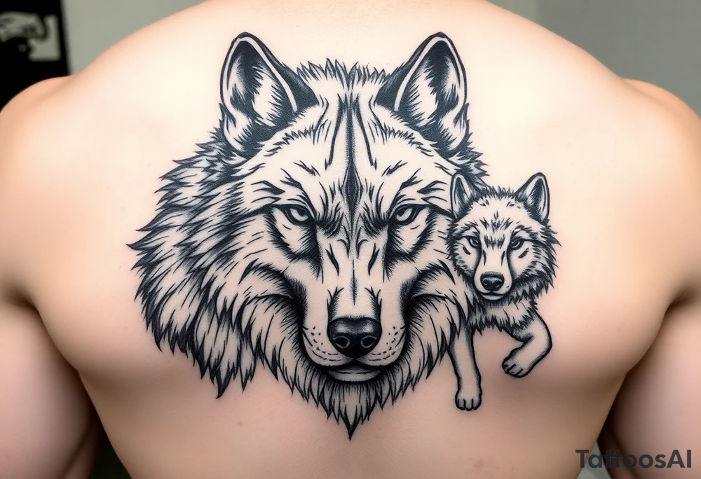 A solitary yet sublime and noble wolf and its progeny. the face tattoo idea