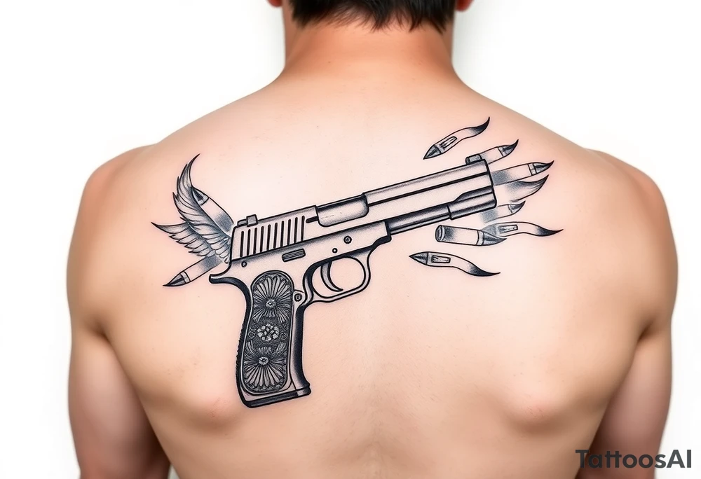 9mm gun with Egyptian detail on handle gun surrounded by flames and two bullets shooting out of gun tattoo idea