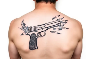 9mm gun with Egyptian detail on handle gun surrounded by flames and two bullets shooting out of gun tattoo idea