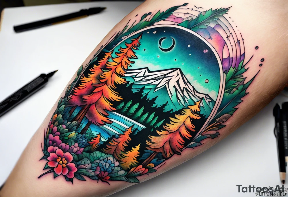 forest mountain forearm tattoo idea