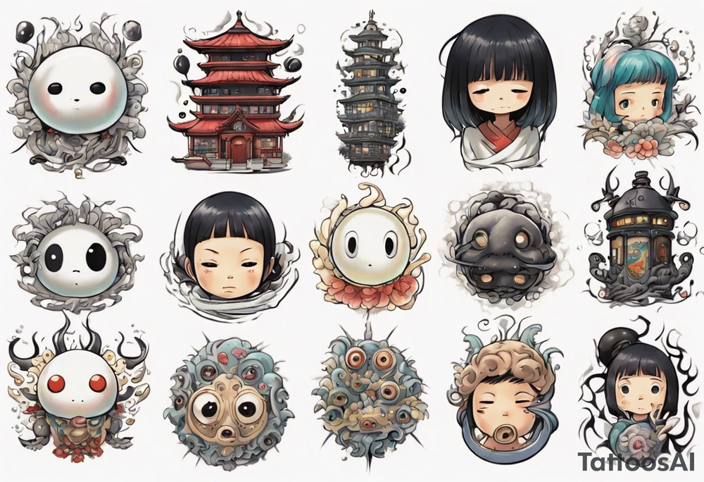 spirited away, chihiro, soot sprites, neotraditional style tattoo forearm tattoo idea