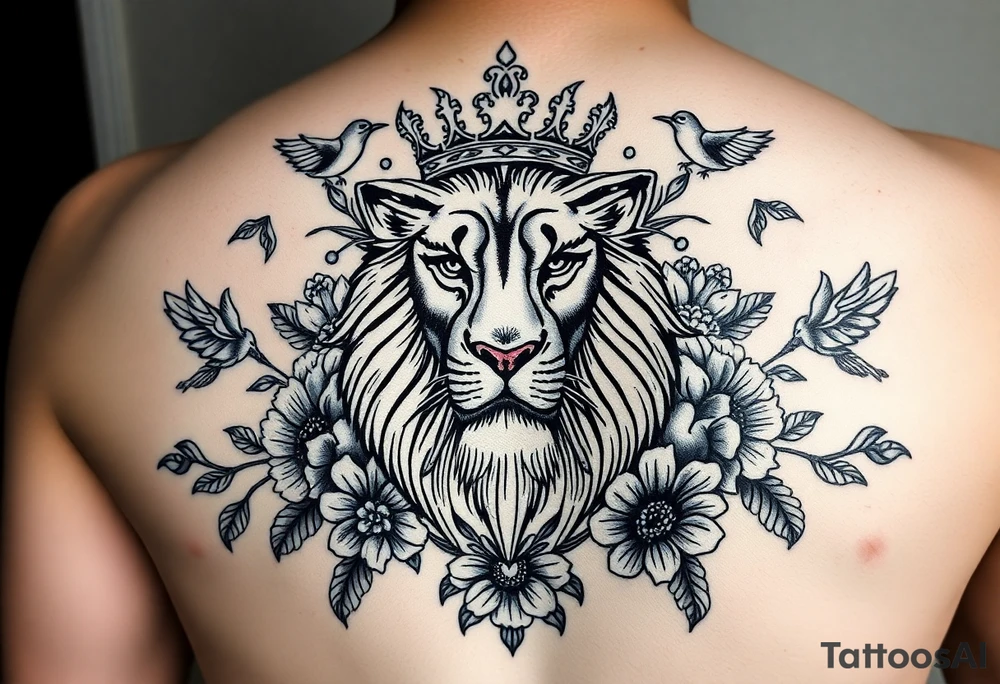 powerful majestic lion with a crown, surrounded by floral ornaments and birds tattoo idea