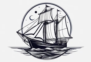 bateau, phare maritime et lune bleu.délicat,minimaliste. tattoo idea