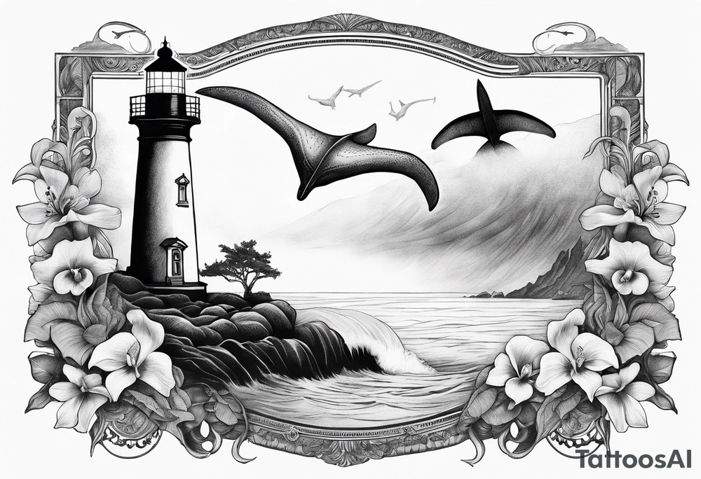 Lighthouse on a beach with light on in the fog and a humpback whale's tail sticking out of the water of the ocean with a border containing an anchor and orchids tattoo idea