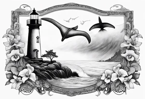 Lighthouse on a beach with light on in the fog and a humpback whale's tail sticking out of the water of the ocean with a border containing an anchor and orchids tattoo idea