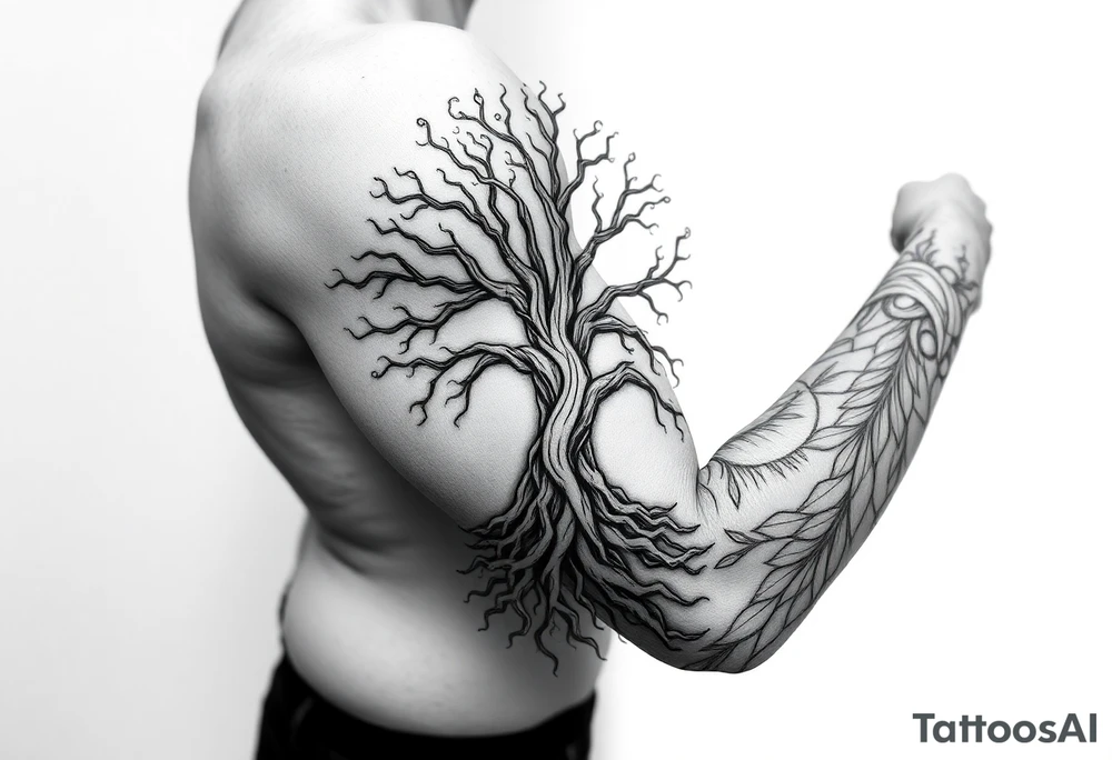 mystical tree of life with cosmic roots and celestial branches tattoo idea