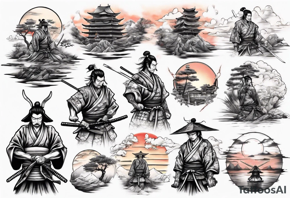 Samurai in the centre of a beautiful sunset tattoo idea