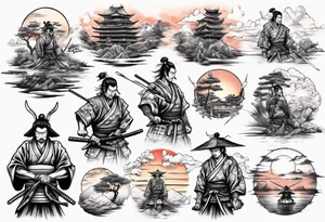 Samurai in the centre of a beautiful sunset tattoo idea