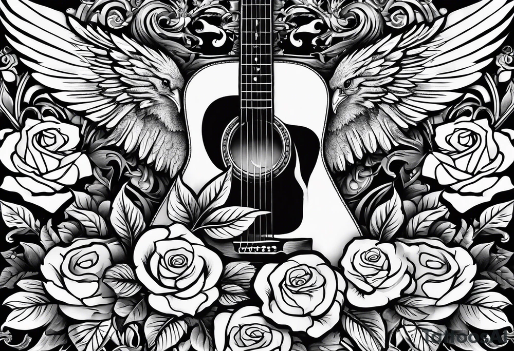 acoustic guitar with roses and eagles tattoo idea