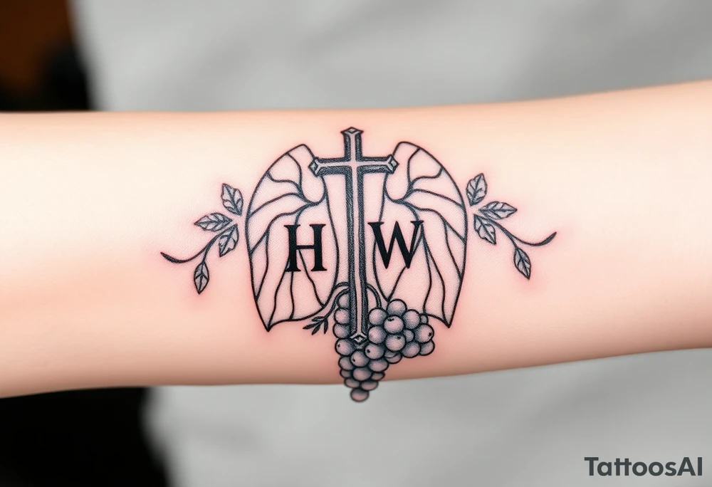 Initials YH WH in lungs with cross and grapes on vine tattoo idea