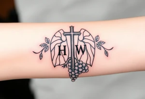 Initials YH WH in lungs with cross and grapes on vine tattoo idea