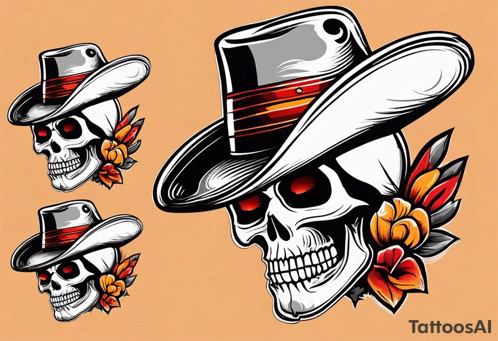 Mexican skull with sombrero with smoke coming out of the bottom orange and red tattoo idea