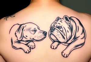 a golden retriever dog and an English bulldog, lying on their sides, head to head, foreheads touching, the golden retriever's head is larger than bulldog's tattoo idea