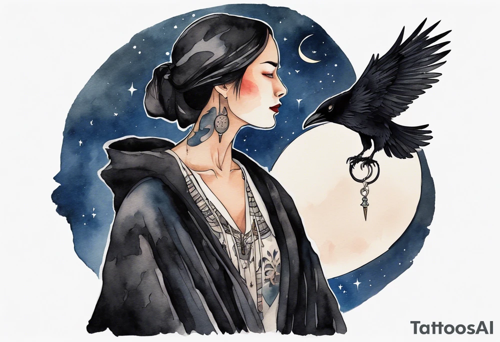 a Dakota woman wearing a black cloak, standing before the night sky with a crescent moon, a raven on her shoulder tattoo idea