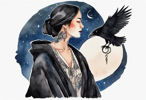 a Dakota woman wearing a black cloak, standing before the night sky with a crescent moon, a raven on her shoulder tattoo idea