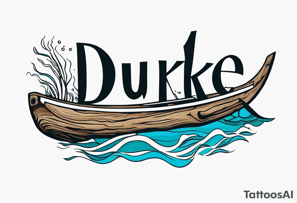 piece of driftwood underwater with the word duke written in the wood tattoo idea