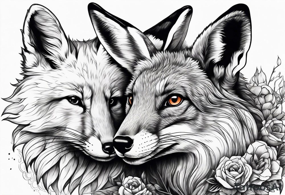 fox and rabbit in jing jang position tattoo idea