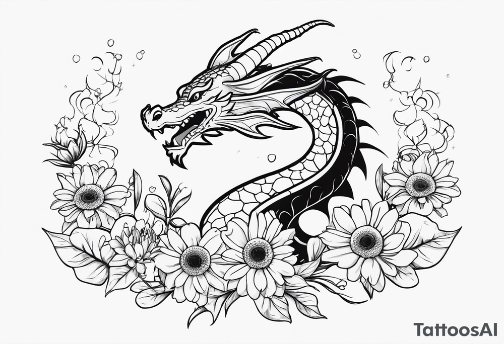 Dragon with daisies and name Liam carter tattoo idea