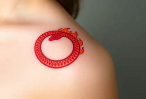 A fiery red and orange Ouroboros snake in cyrcle, with flickering flames engulfing the tail, representing passion and rebirth. tattoo idea