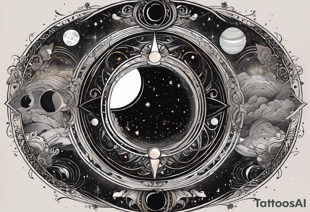A tattoo featuring a cosmic scene with planets, black holes, and supernovae intertwined with intricate linguistic symbols, reflecting the client's interests in cosmology and linguistics. tattoo idea