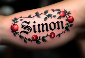 Simon in a bold, classic font, framed by vibrant red apples and green leaves. tattoo idea