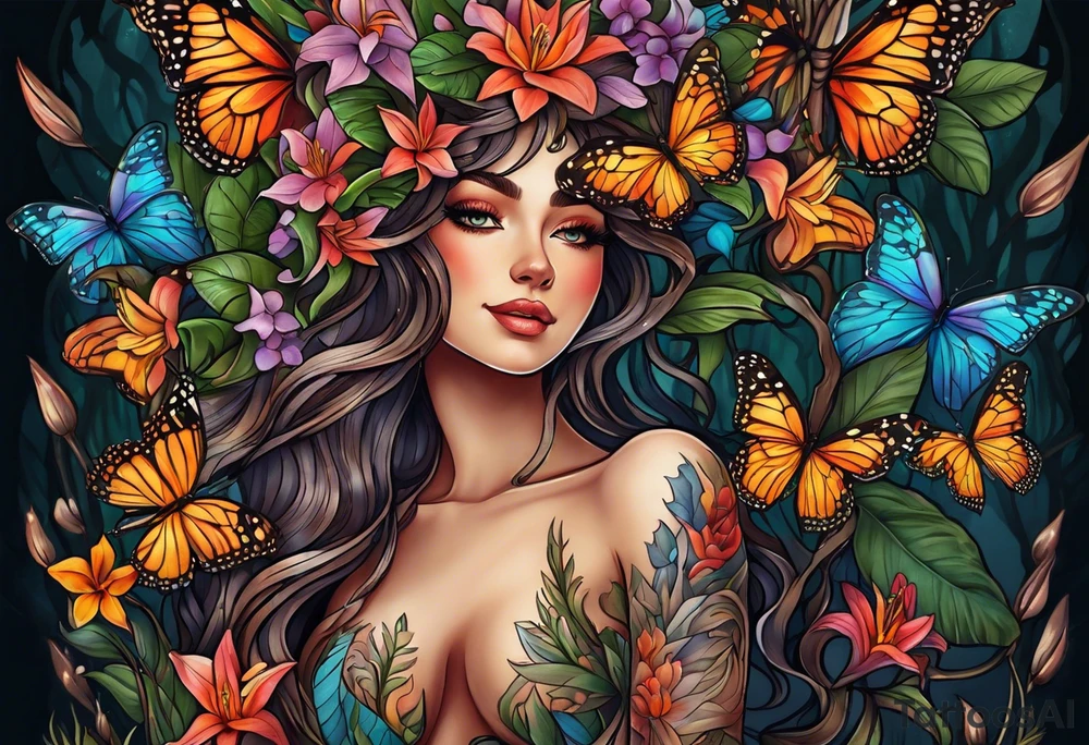 Portrait full length of Wood nymph made or bark and branches standing upright.  Butterflies in background. Lillies near her feet with colorful vegetation. tattoo idea