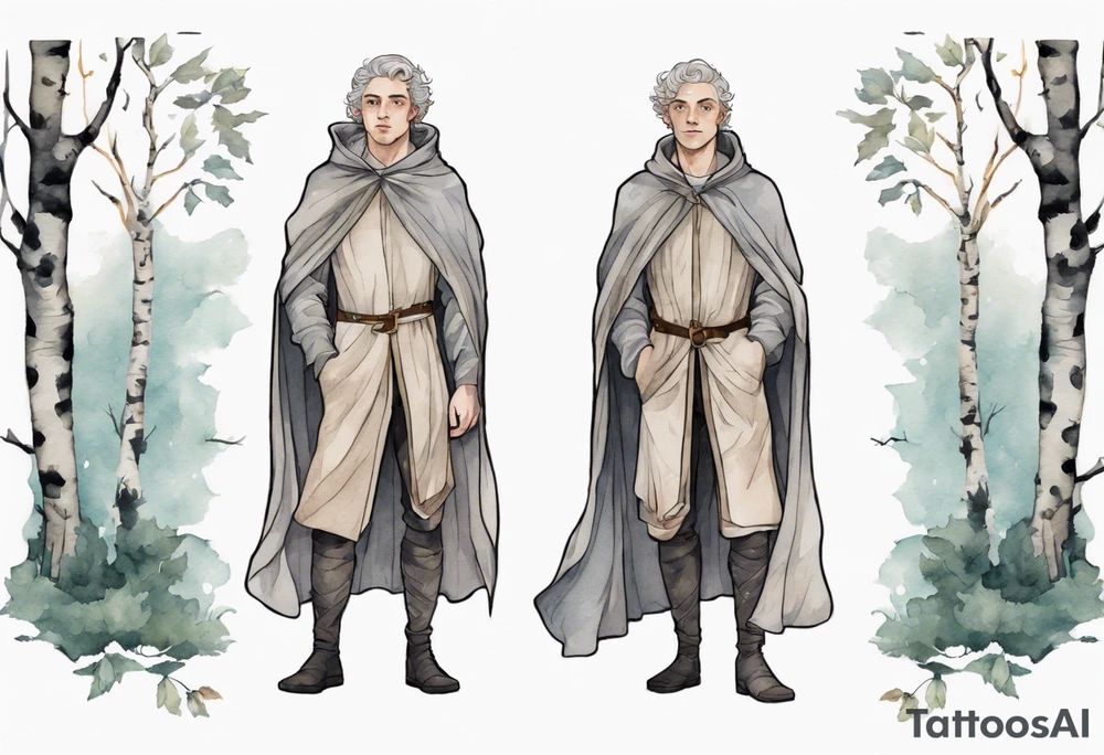 medieval Tan France wearing a grey cloak standing in a birch forest tattoo idea