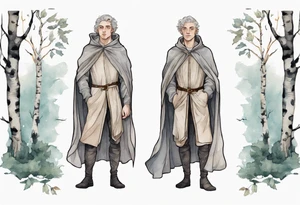 medieval Tan France wearing a grey cloak standing in a birch forest tattoo idea