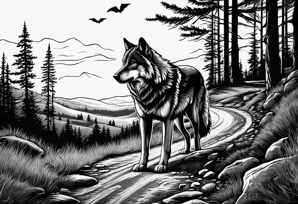 Lone wolf on a path or road. A pack of wolfs on the opposite end of road. tattoo idea