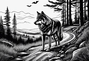 Lone wolf on a path or road. A pack of wolfs on the opposite end of road. tattoo idea