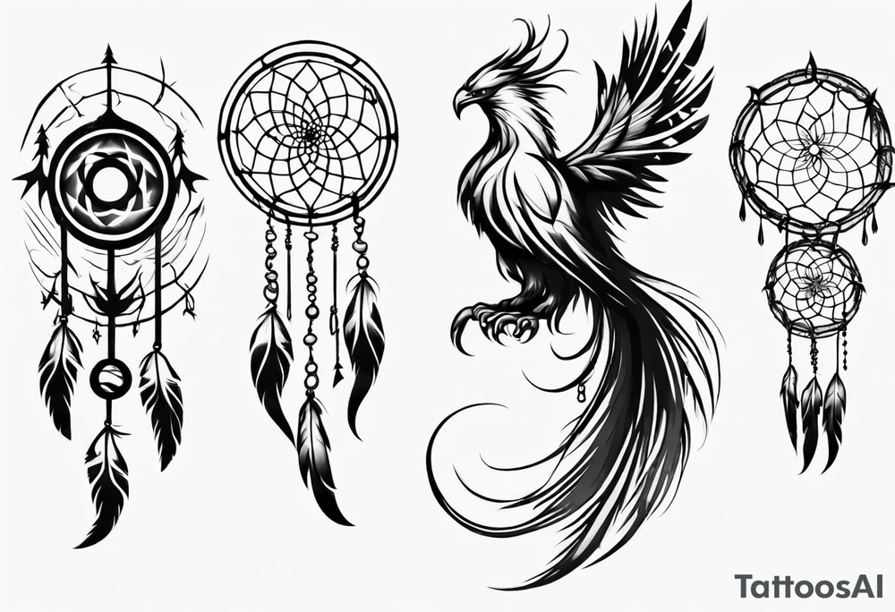 Vertical screaming Phoenix with dream catcher tail tattoo idea