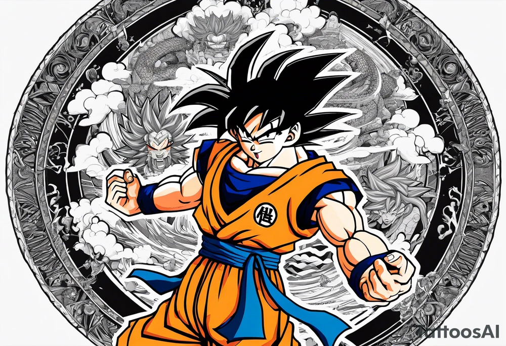 Son-Goku as a super saiyajin . A huge dragonball surrounds the whole scenery. Gokus friends are surrounding him as shadows tattoo idea