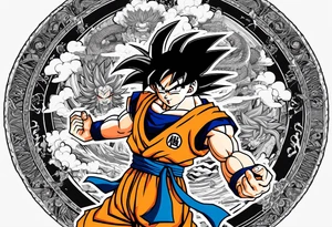 Son-Goku as a super saiyajin . A huge dragonball surrounds the whole scenery. Gokus friends are surrounding him as shadows tattoo idea