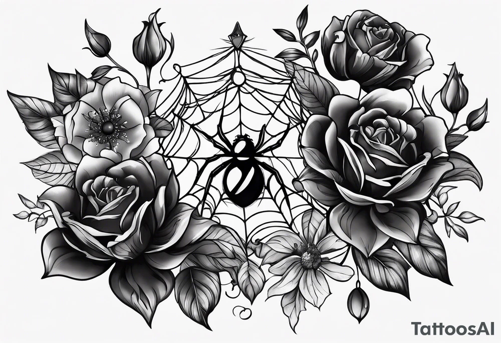 Spiders and black flowers tattoo idea