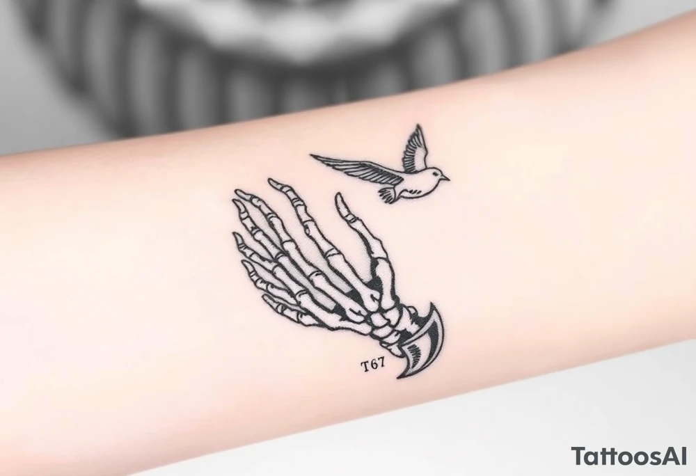 Skeleton hand reaching out of the ocean for a flying swallow in the Sailor Jerry style tattoo idea