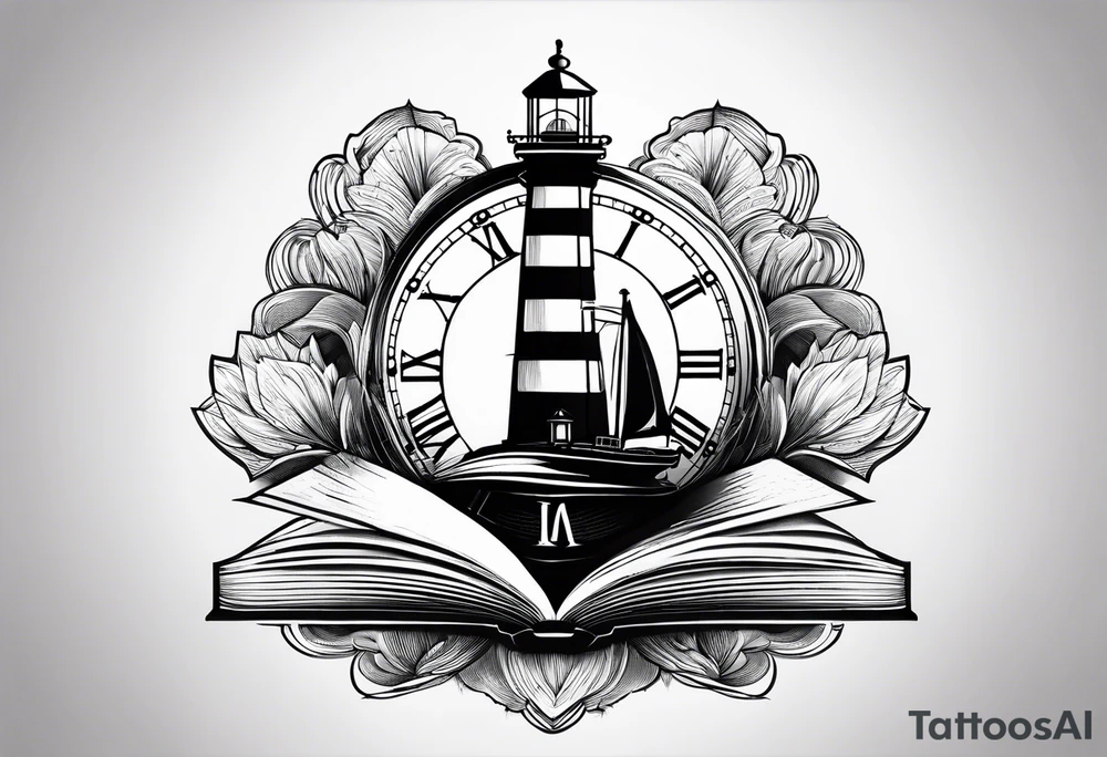 minimalist "open book" with a lighthouse in the middle and a clock tattoo idea minimalist "open book" with a lighthouse in the middle and a clock tattoo idea