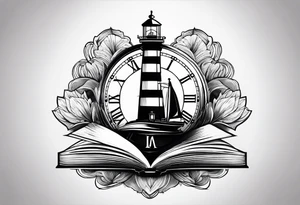 minimalist "open book" with a lighthouse in the middle and a clock tattoo idea