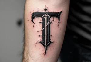 A bold black Gothic "T" with sharp serifs and subtle red shadowing. tattoo idea