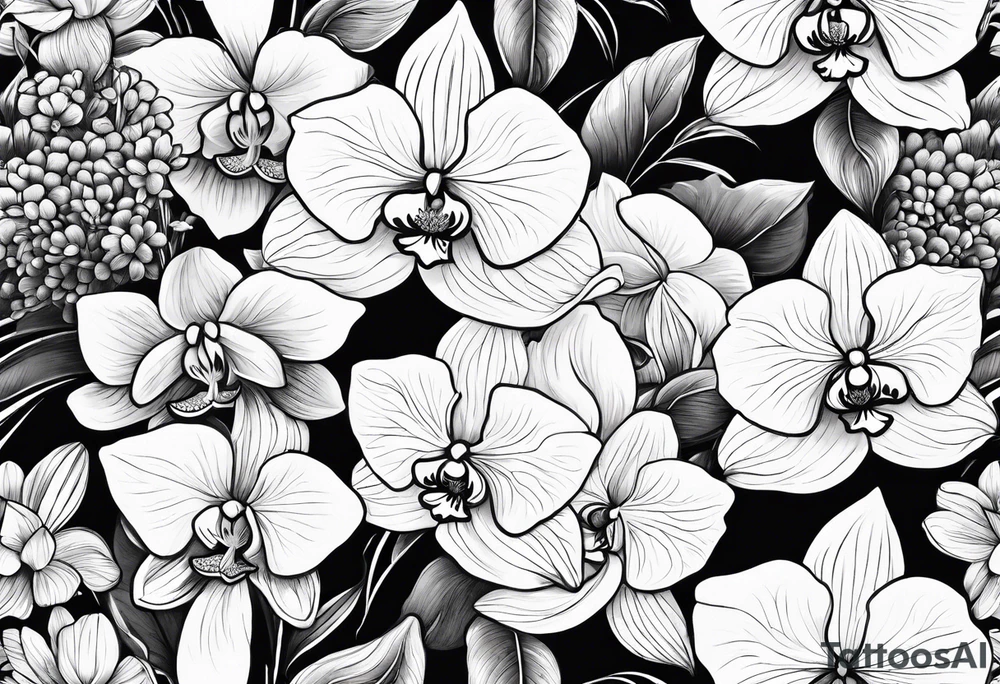 2 inch Flower bouquet with hydrangeas and orchids tattoo idea