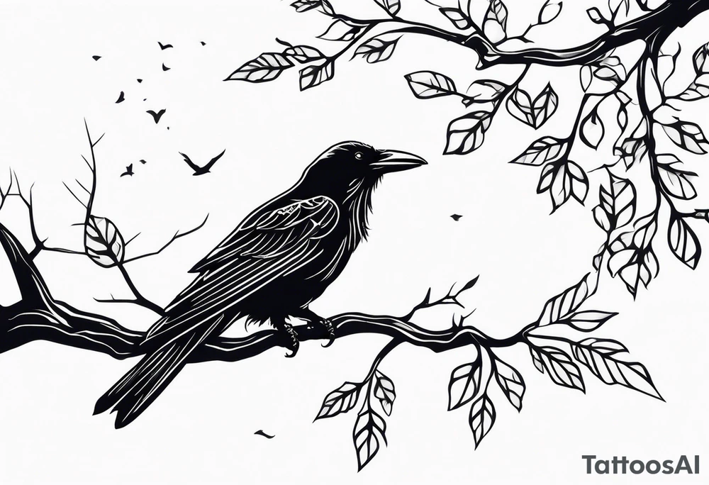 a black raven hanging on a tree branch tattoo idea